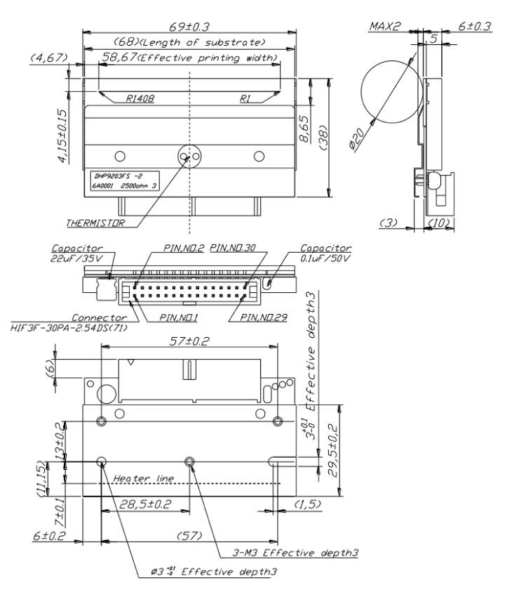 Dimension of Toshiba Hokuto thermal printhead DHP9203FS